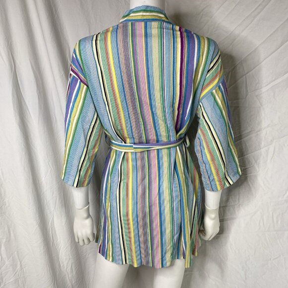 Triacetate Nylon Terry fuzzy textured short Robe striped Cover Up Womens Small - Picture 2 of 16